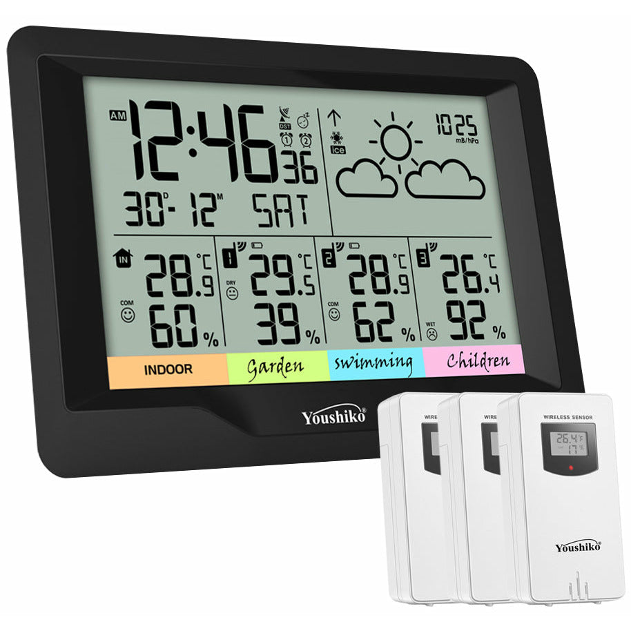 Youshiko YC9343 (Official 2023 UK Version), with 3 x Wireless Sensors Weather Station Extra Large, Radio Controlled Clock