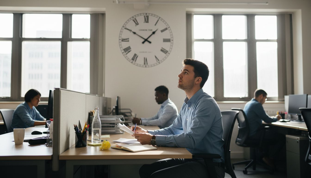 Employee checks clock in bright office
