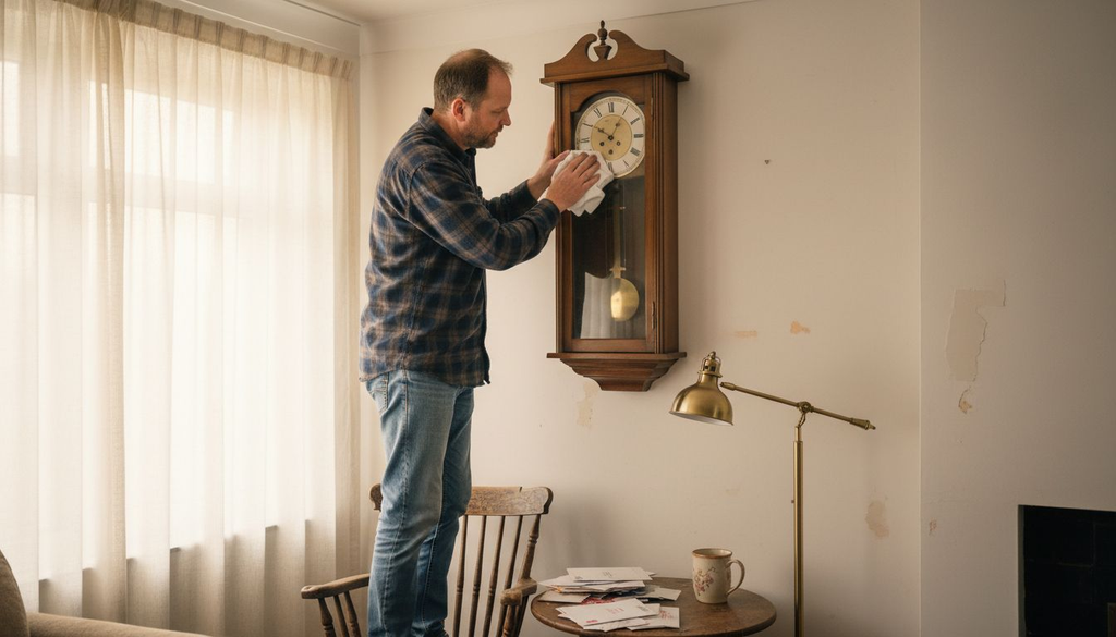 Man dusting classic wall clock at home