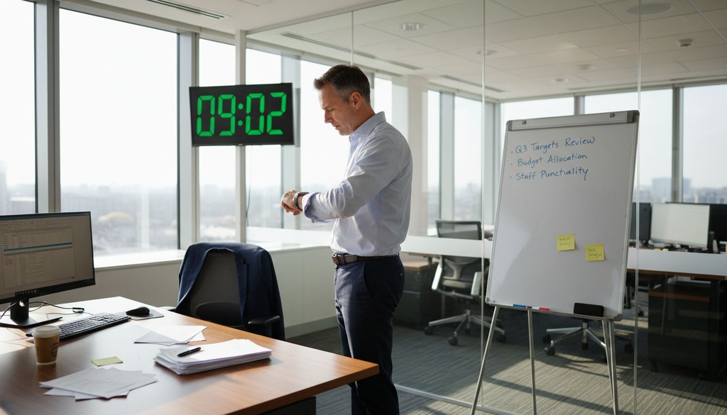 Office manager checking time near large digital clock