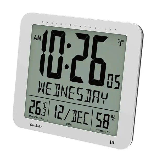 Youshiko radio control wall clock with atomic accuracy, large digital display and automatic time-setting for home and office