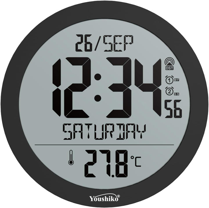Youshiko YC8071-B round radio controlled wall clock in black