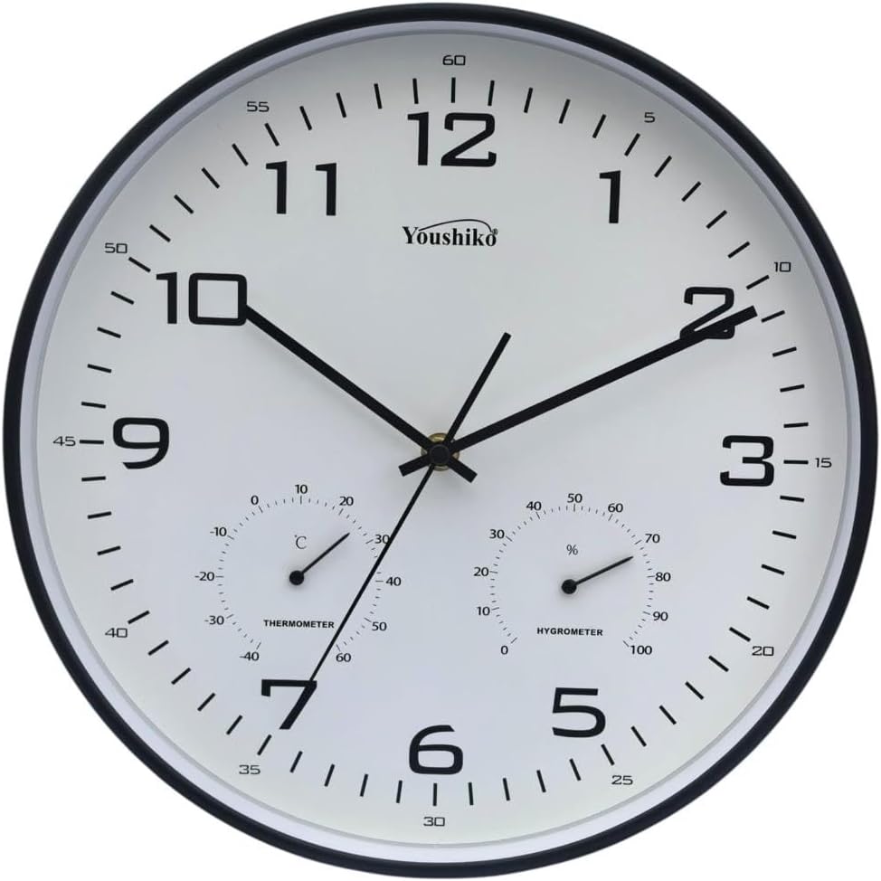 Large Wall Clock with Temprature & Humidity, 12'' Non Ticking Silent Sweeping Seconds, Home/Kitchen/Office/School Clock, Easy to Read