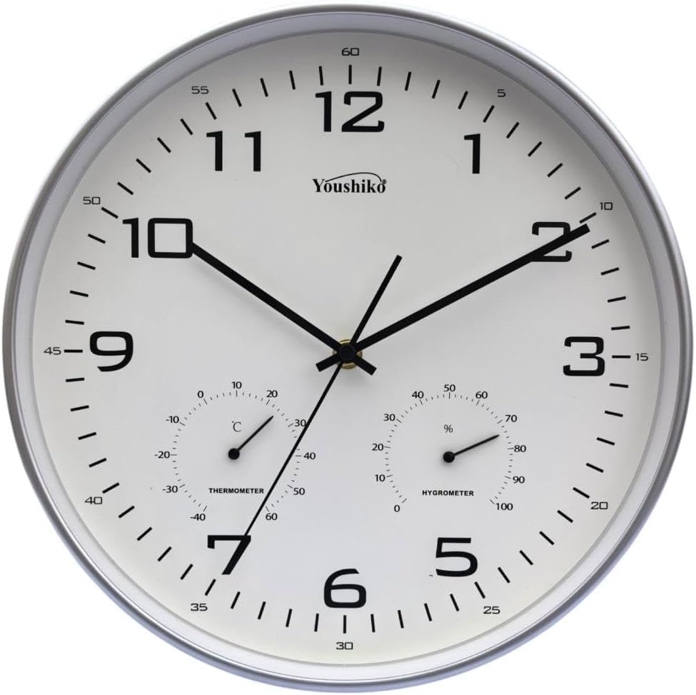 Large Wall Clock with Temprature & Humidity, 12'' Non Ticking Silent Sweeping Seconds, Home/Kitchen/Office/School Clock, Easy to Read