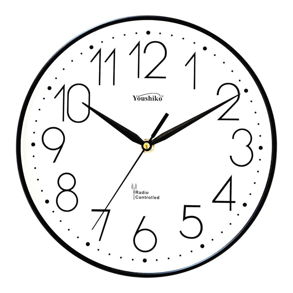 Radio Controlled Wall Clock (Official UK & Ireland Version), Stylish Black & White Bold Classic Design (25cm / 10-Inch Diameter), Home/Kitchen/Office/School Clock, Easy to Read