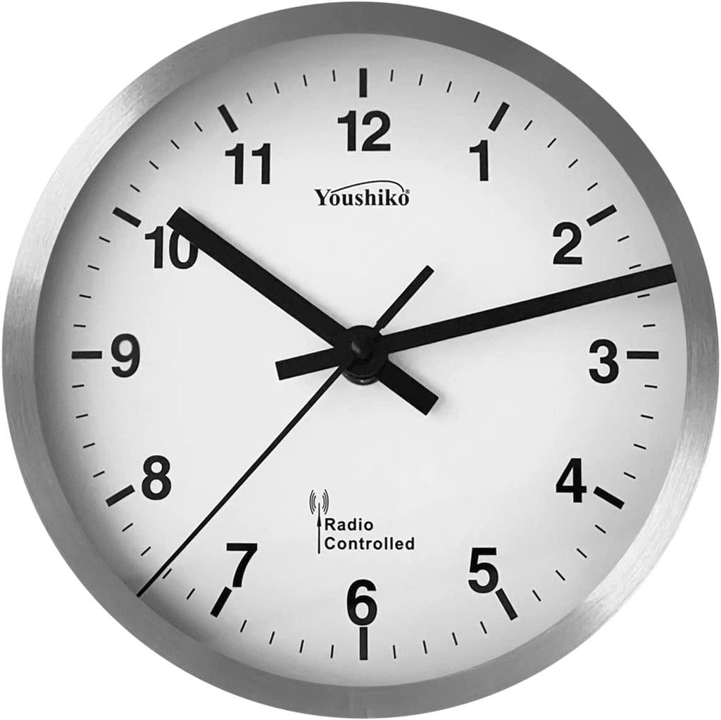 Youshiko Radio Controlled Wall Clock (Official UK & Ireland Version), Premium Quality, Silver Bold Classic Design, Aluminium Case 20cm, 8-Inch Diameter