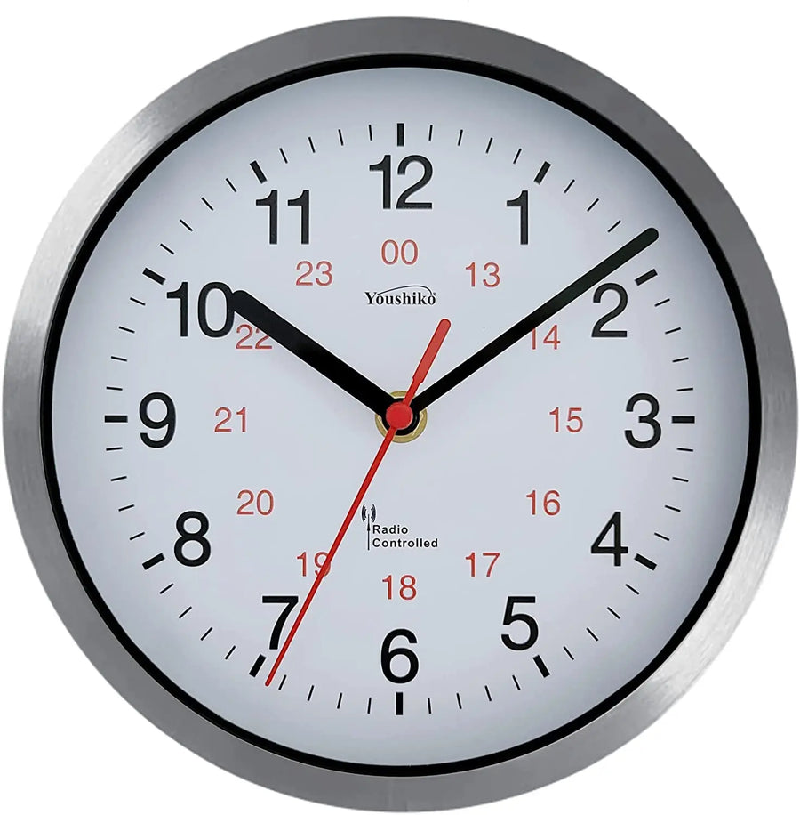 Youshiko Radio Controlled Wall Clock (Official UK & Ireland Version), Premium Quality, Silver Bold Classic Design, Aluminium Case 20cm, 8-Inch Diameter, Youshiko
