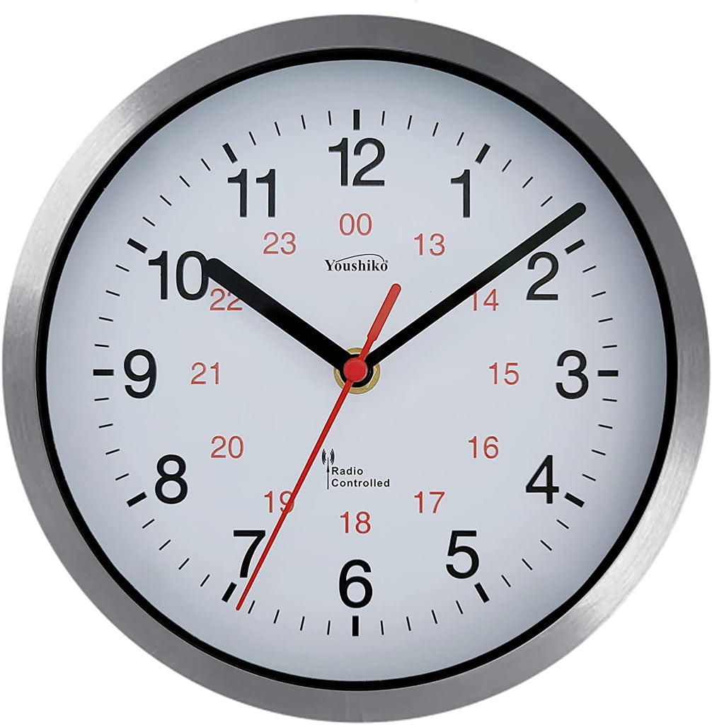 Youshiko Radio Controlled Wall Clock (Official UK & Ireland Version), Premium Quality, Silver Bold Classic Design, Aluminium Case 20cm, 8-Inch Diameter,