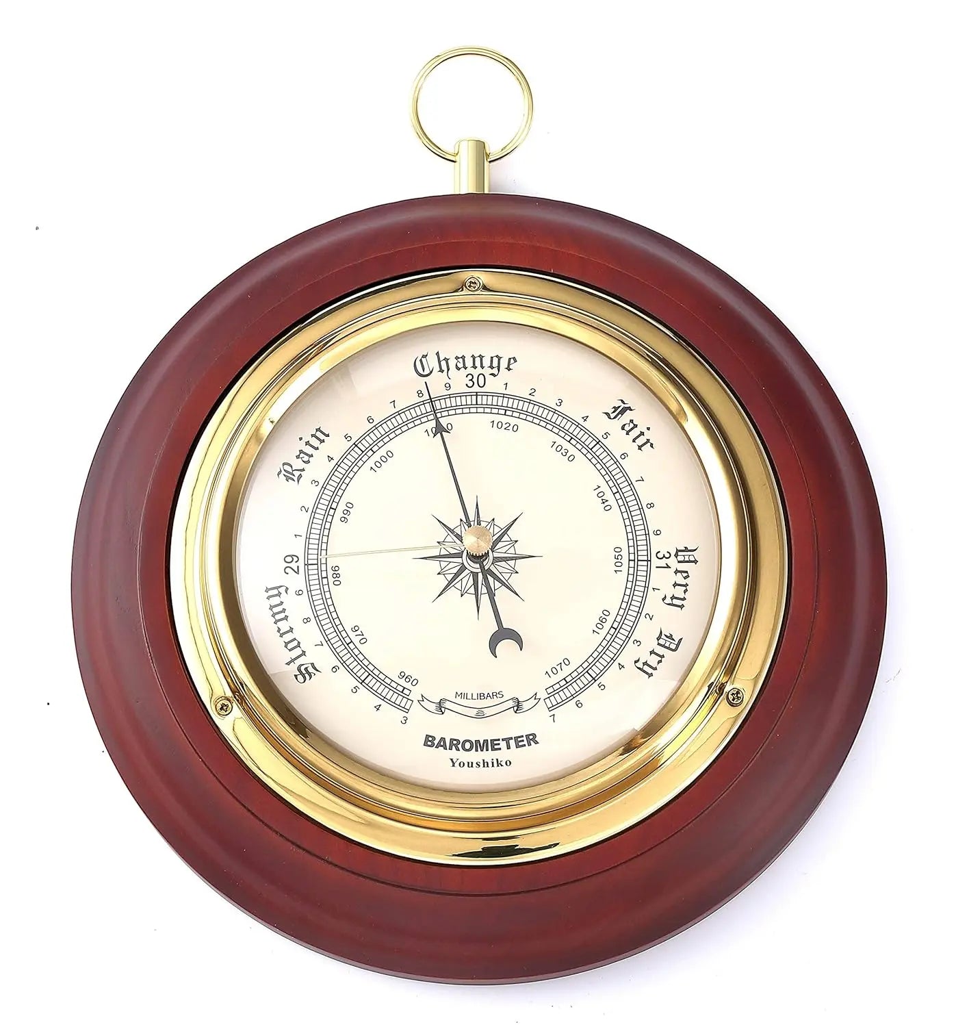 Traditional Barometer Mahogany Wood Surround Forecaster - Youshiko