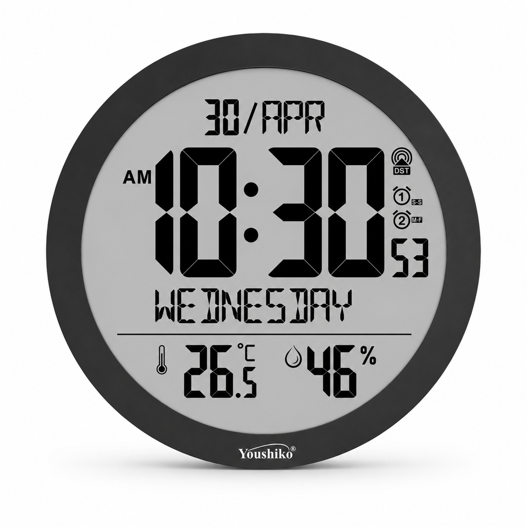 Youshiko Jumbo XL Radio Controlled Wall Clock (UK & Ireland Version/Premium Quality/Clear Display), 30cm Round, Temperature Humidity display Youshiko