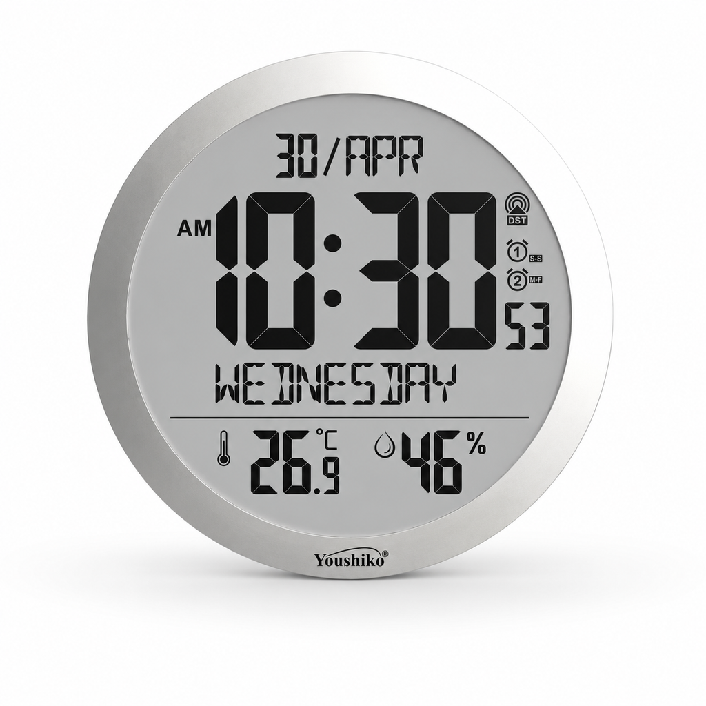 Youshiko  Radio Controlled Wall Clock (UK & Ireland Version/Premium Quality/Clear Display), 30cm Round, Temperature Humidity display Jumbo XL