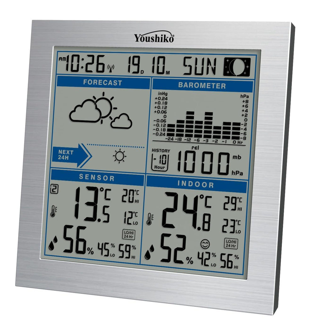 Youshiko Weather Station YC9337  with Radio Controlled Clock  Indoor Outdoor Temperature Thermometer, Humidity, Barometer  Date & Frost Alarm