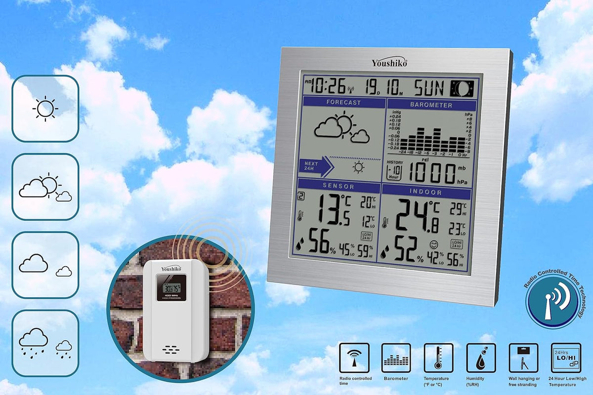 Youshiko weather station yc9337 with radio controlled clock indoor out