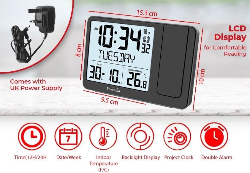 Youshiko Radio Control Projection Alarm Clock, Bedroom Projector Clock