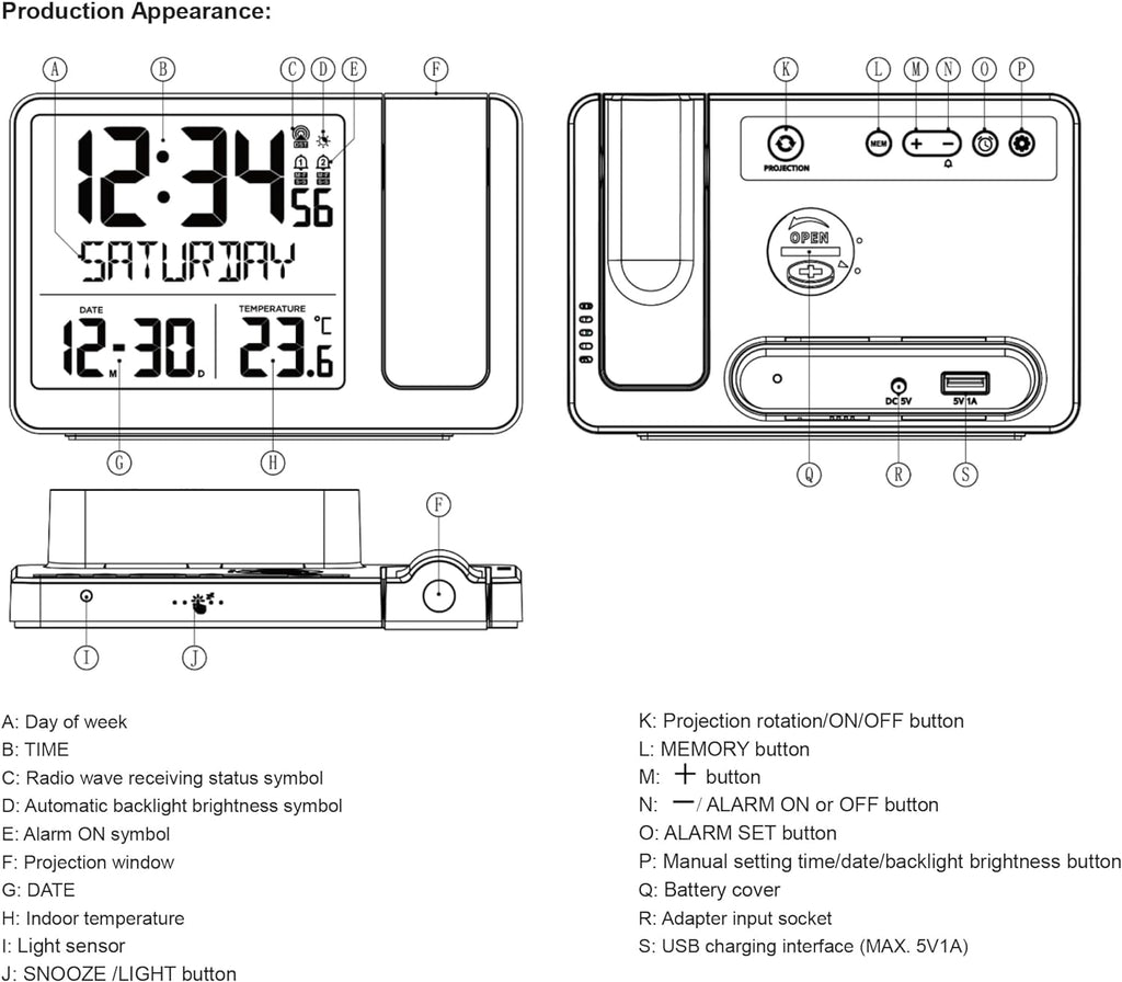 Youshiko Radio Control Projection Alarm Clock, Bedroom Projector Clock