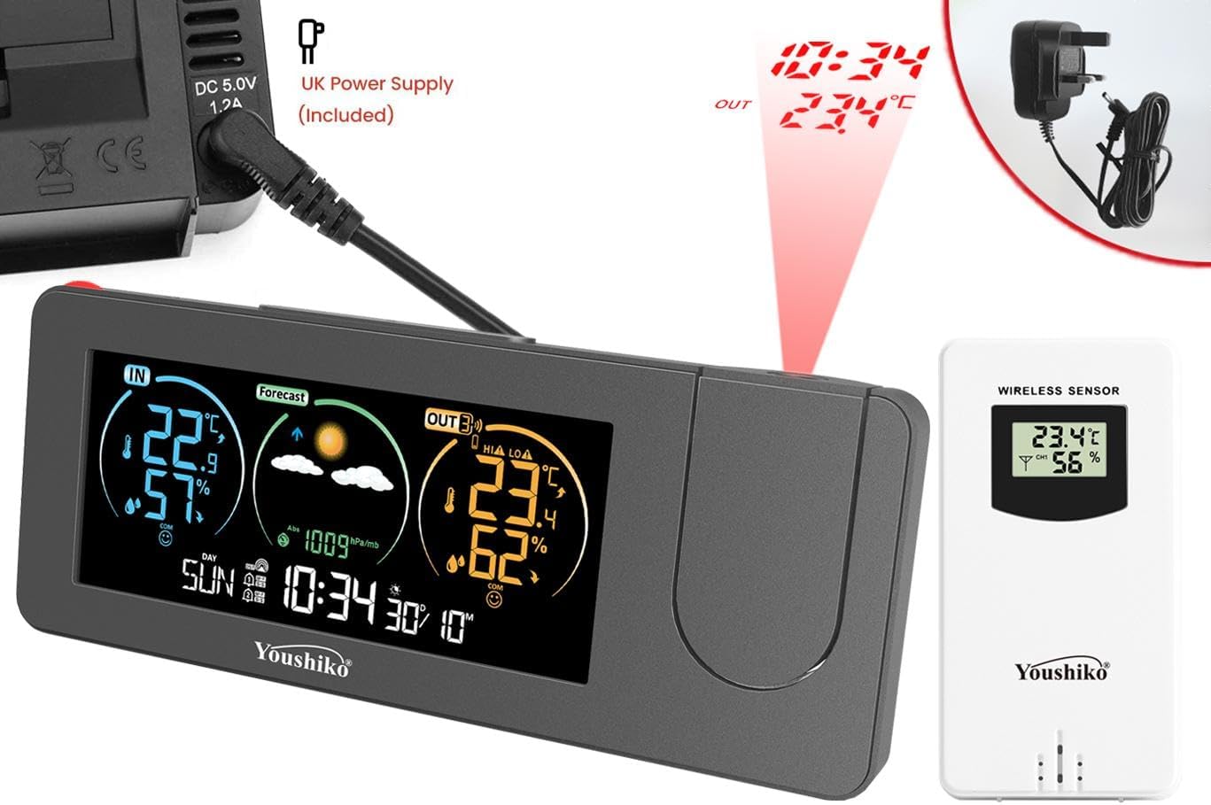 Youshiko Radio Control Projection Alarm Clock Weather Station