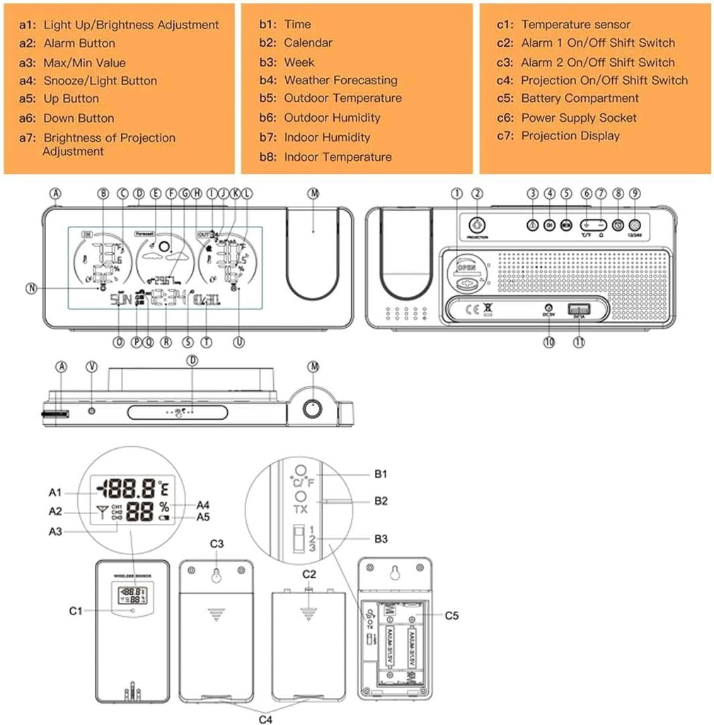 Youshiko Radio Control Projection Alarm Clock Weather Station