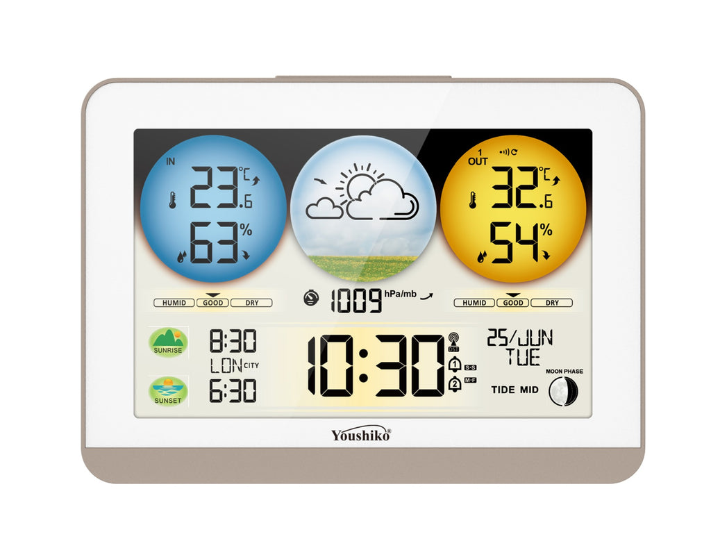 Youshiko YC9336 Weather Station Radio Controlled Clock, Indoor Outdoor Temperature, Humidity, Barometric Pressure, Sunrise/Sunset Times