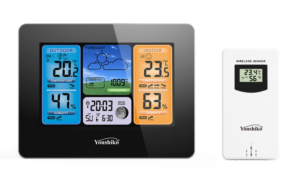 Youshiko YC9438 Weather Station Radio Controlled Clock, Indoor Outdoor Temperature, Humidity, Barometric Pressure