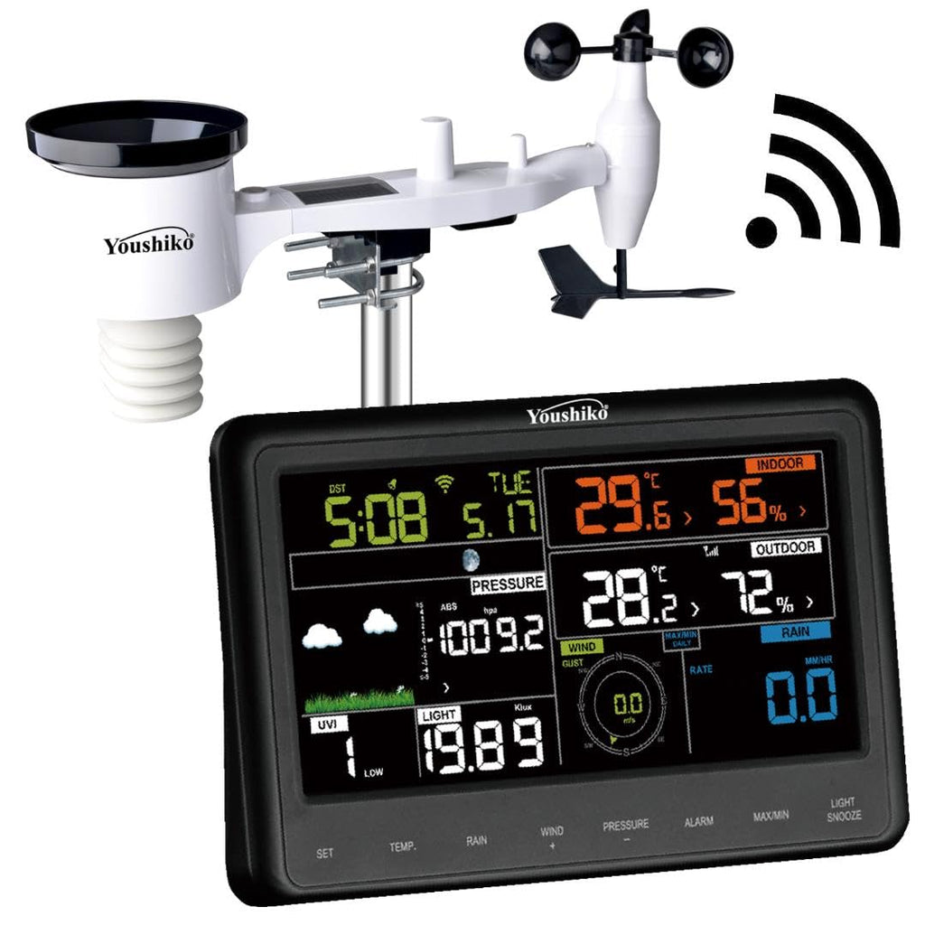 Youshiko 9510 Weather Stations Offical UK version, Wireless Outdoor Solar Powered 7 in 1 Weather Station Sensor, WiFi Indoor Color LCD Display, Weather Alerts for Home Garden Farm 868 MHZ