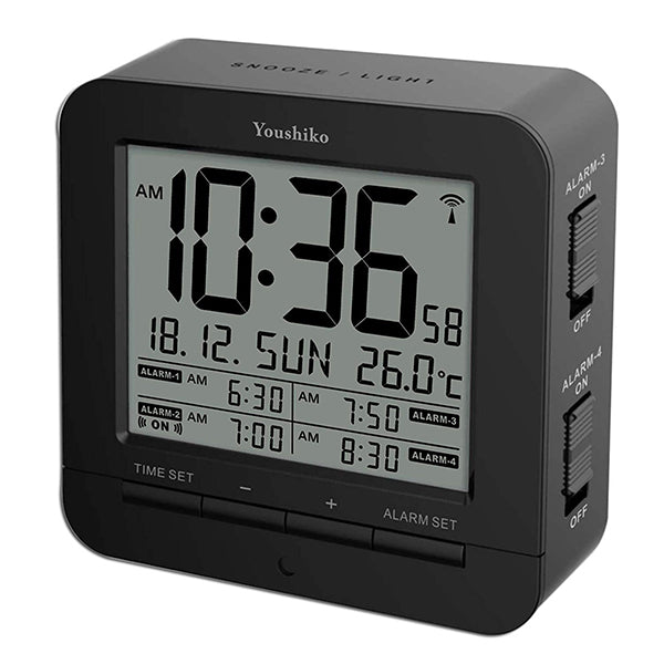 Youshiko YC740 Digital Radio Controlled Alarm Clock with 4 Alarm Times & Automatic backlight with light sensor
