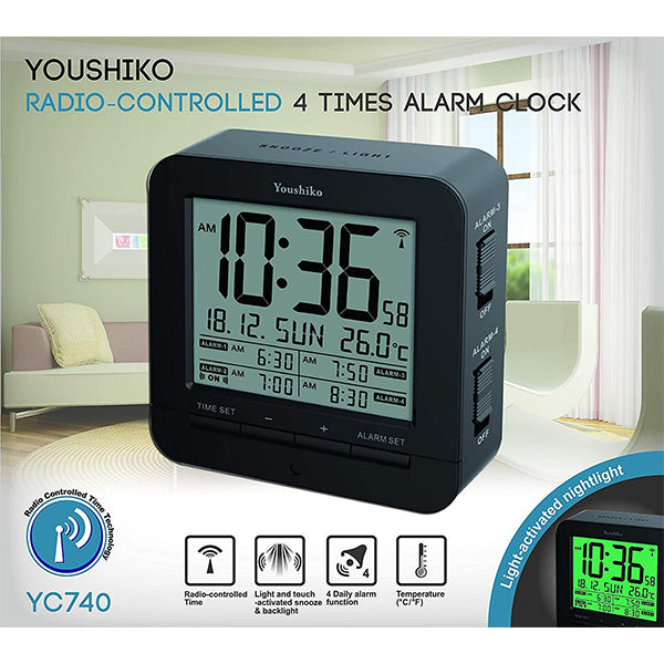 Youshiko YC740 Digital Radio Controlled Alarm Clock with 4