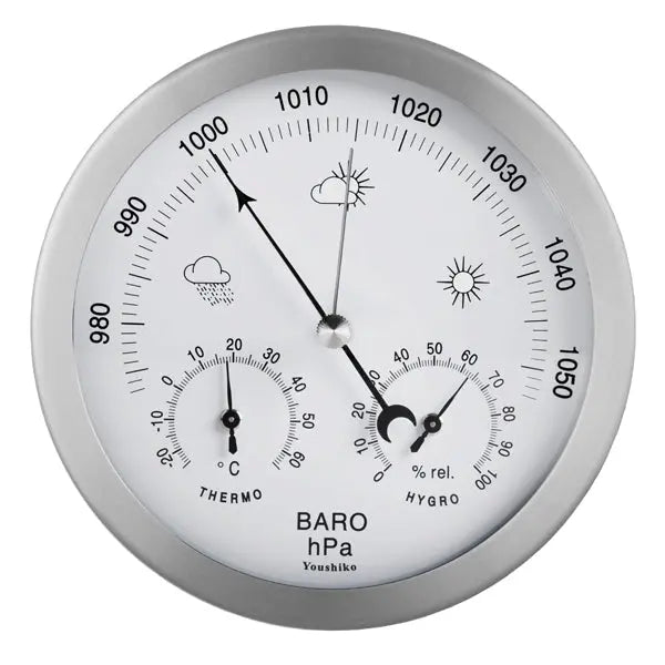 Youshiko 3 in 1 Weather Station for Indoor and Outdoor use , diameter 14 cm , Barometer Thermometer Hygrometer with stainless steel frame Youshiko
