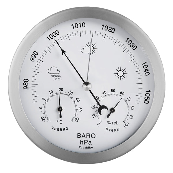 Youshiko 3 in 1 Weather Station for Indoor and Outdoor use , diameter 14 cm , Barometer Thermometer Hygrometer with stainless steel frame