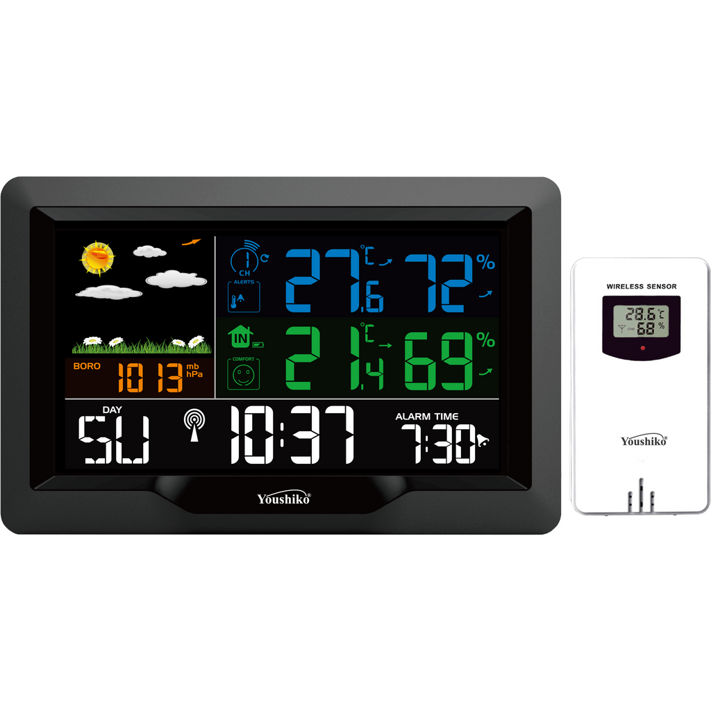 Youshiko YC9442 Weather Station, Radio Controlled Clock (Official UK Version), Temperature  Humidity, Barometric Pressure